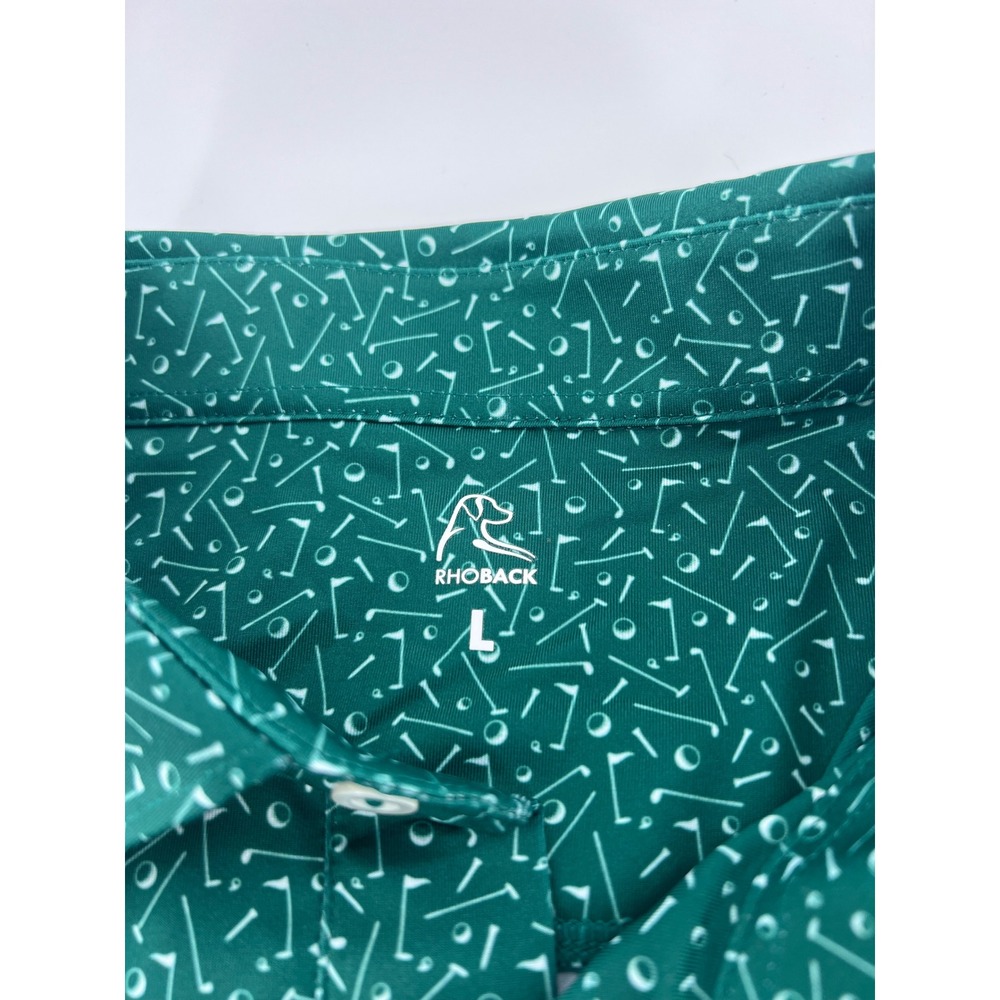 Rhoback The Mulligan Performance Polo Shirt Green Golf Pins Print Mens novelty L - Picture 7 of 10